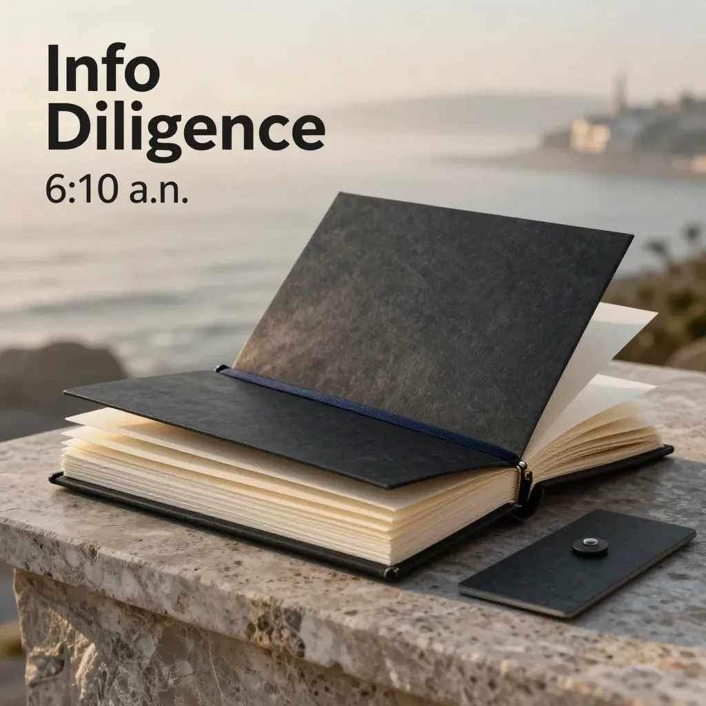 Charcoal due-diligence folio, cream inserts, sealed annex sleeves, and slipcase on a misty terrace.