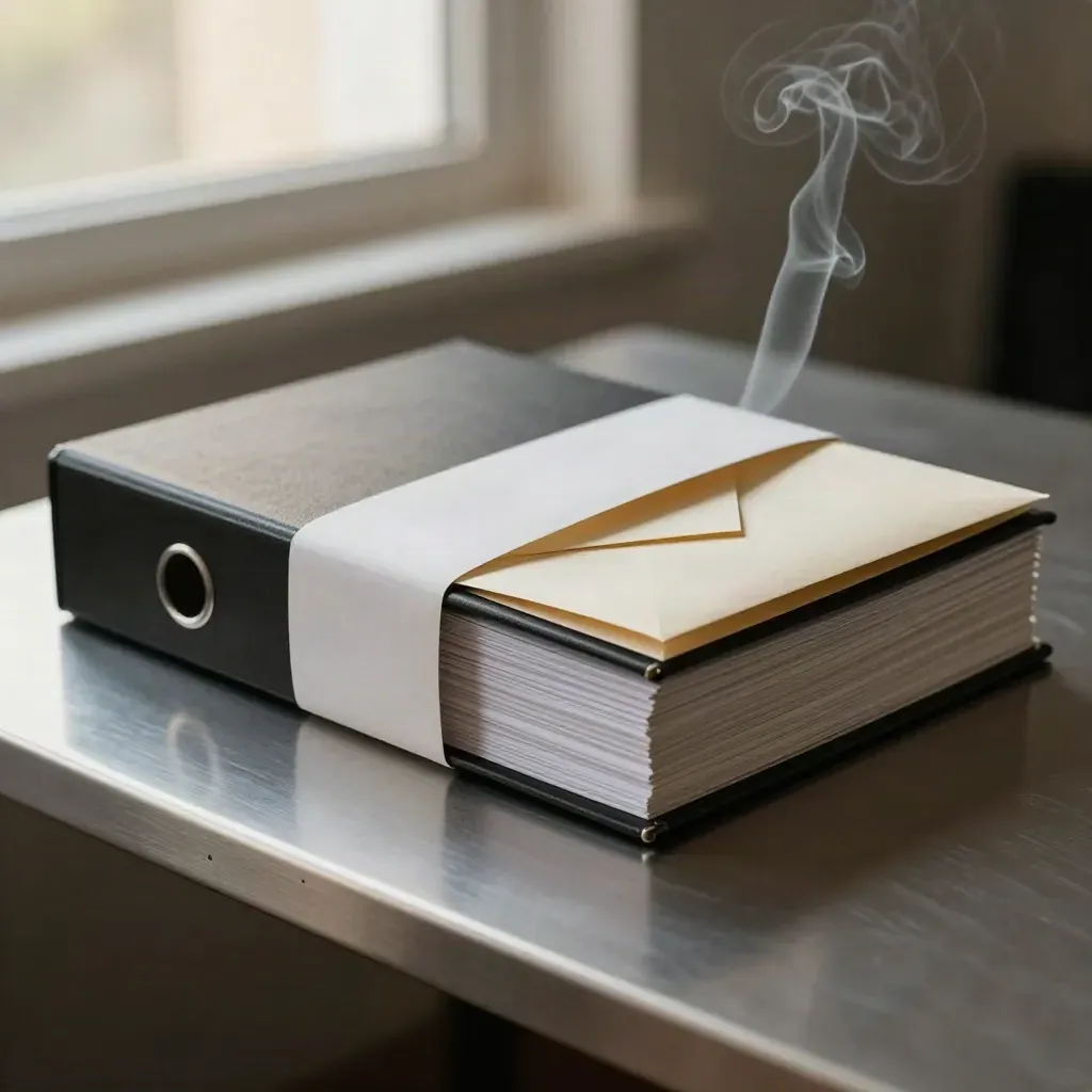 Black case-file stack with paper band, envelopes and tabbed insert in smoky archive light.