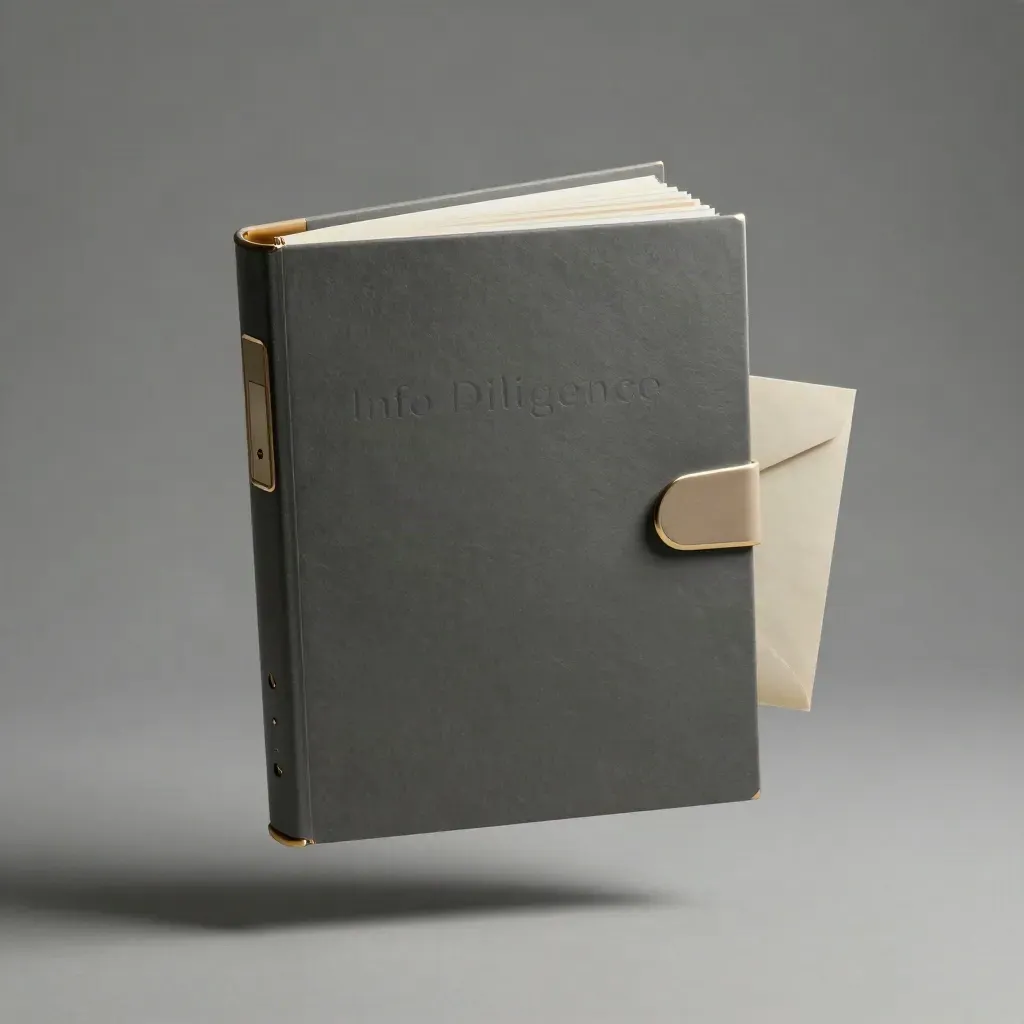 Slate diligence binder with tabs, envelopes, and a sleeve slipping free in soft haze.