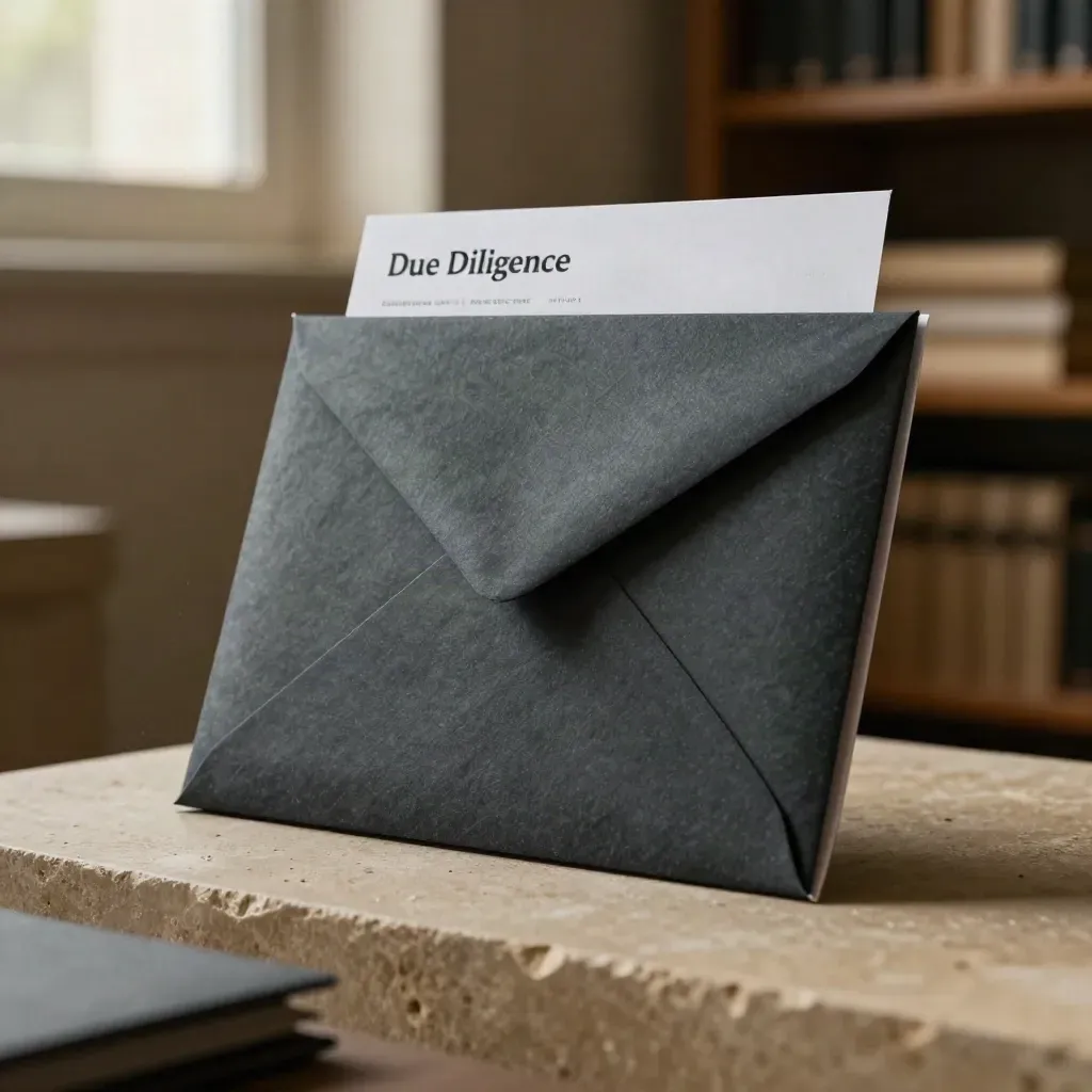Dark slate due-diligence packet set with envelope, folded card and tied evidence sleeve on stone.