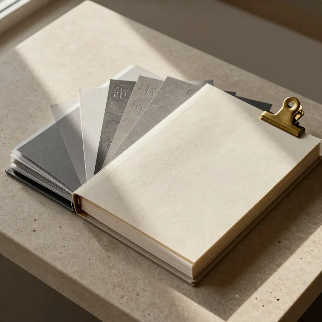 Overhead stone binder with evidence sleeves, brass clip, and filing slips on a pale slab.
