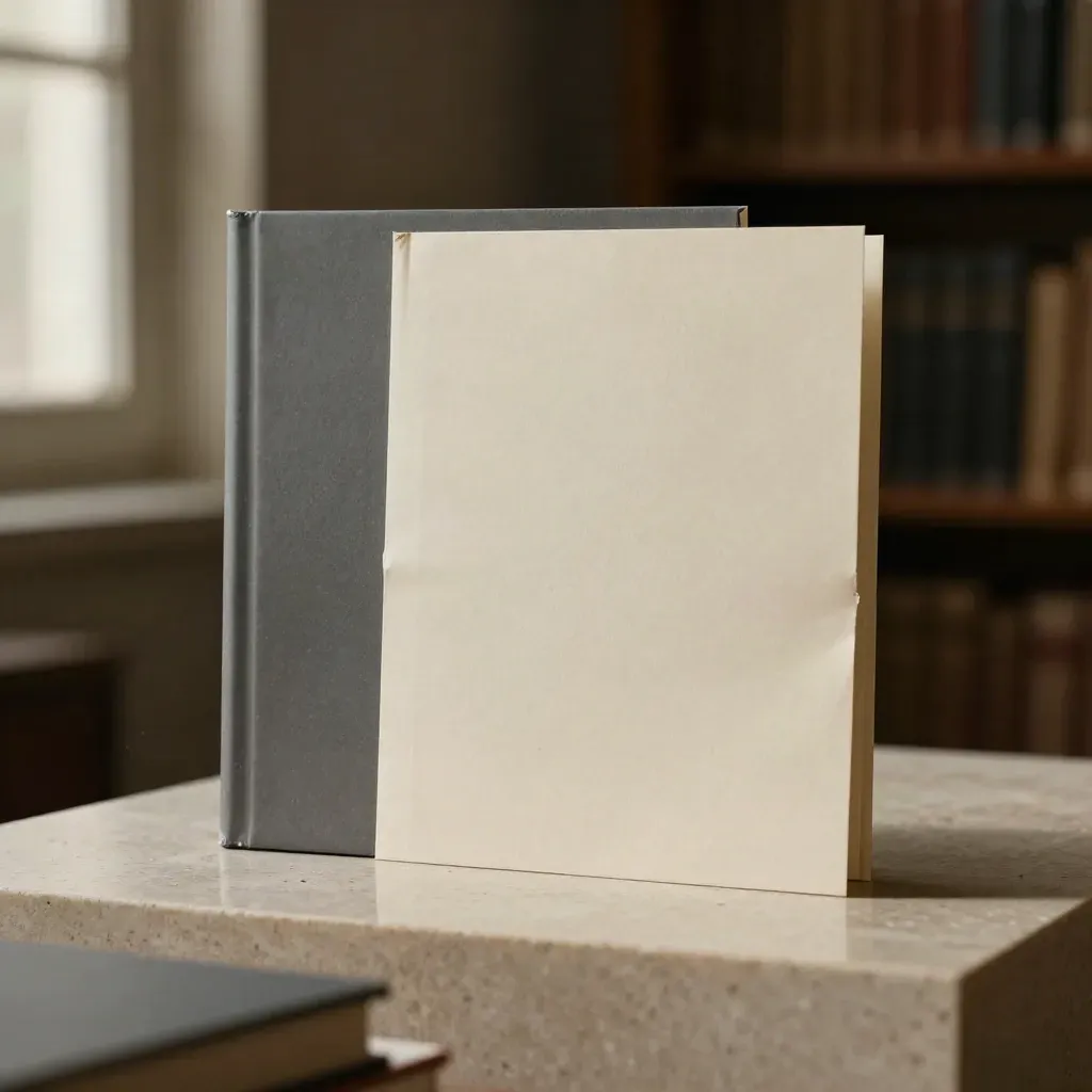 Slate source-vetting folio with layered sleeves and a sliding side packet on travertine.