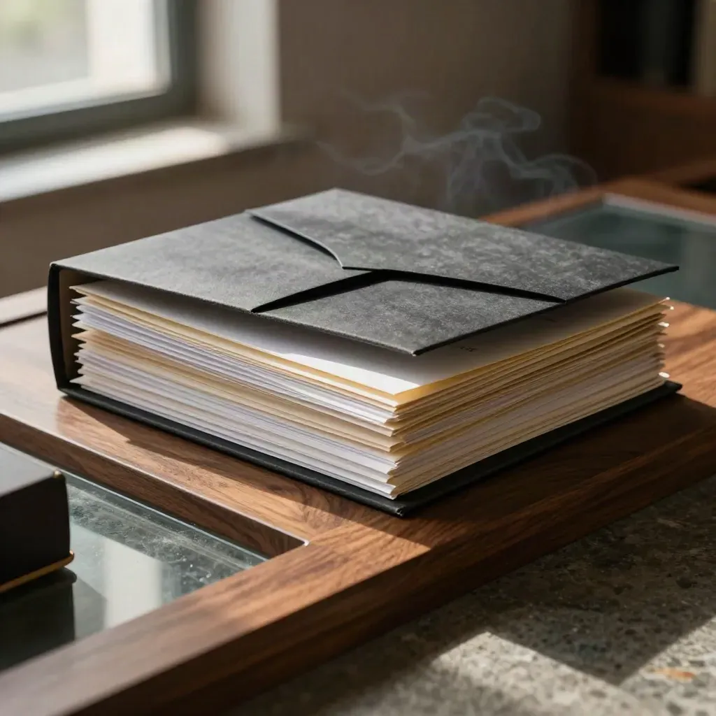 Charcoal court record scan packet with lifted sleeve and envelope on a warm walnut archive ledge.