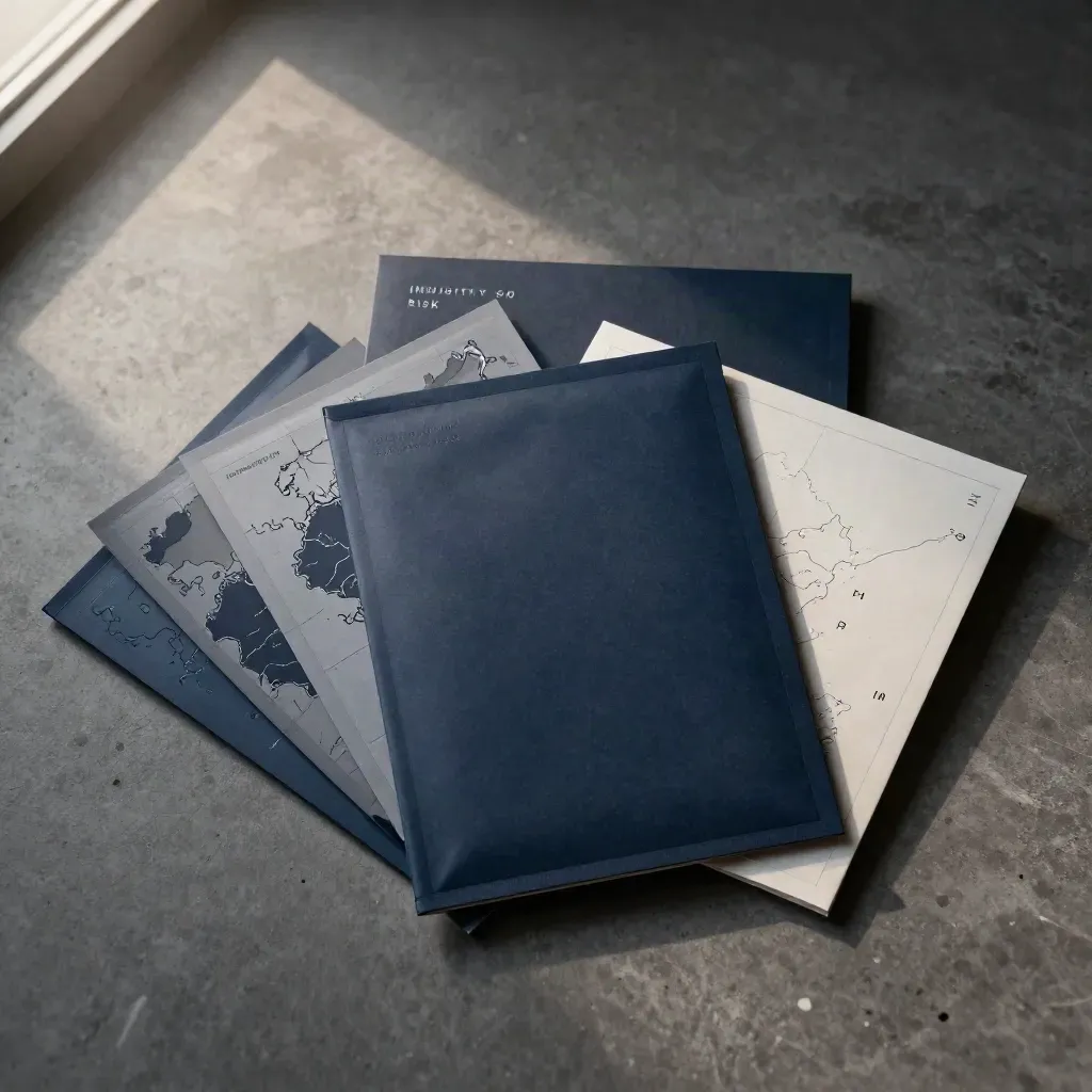 Navy risk map packet flatlay with layered sleeves on cool concrete, overhead and precise.