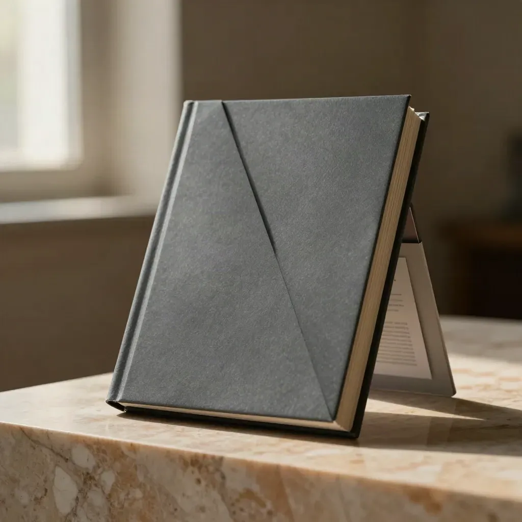 Charcoal PE deal readout case with V-shaped annexes on travertine, softly lit in studio